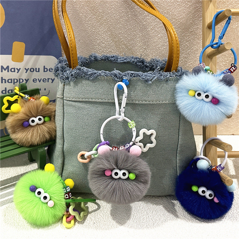 Plush Charm Keychain With Star Rings - Grey
