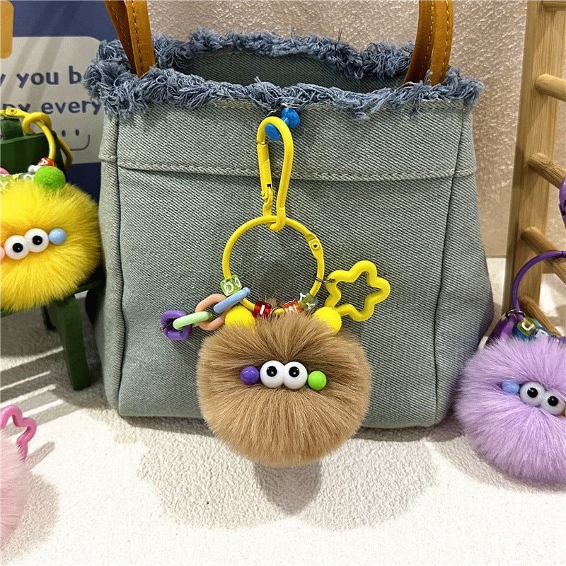 Plush Charm Keychain With Star Rings - Khaki