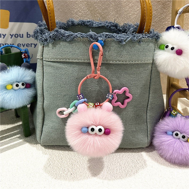 Plush Charm Keychain With Star Rings - Pink