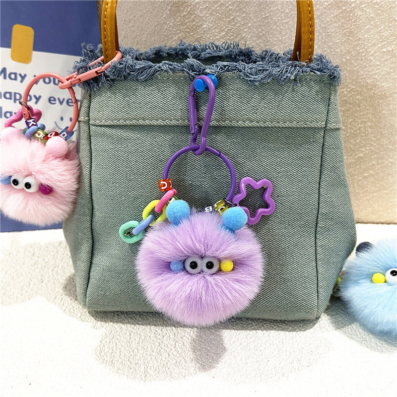 Plush Charm Keychain With Star Rings - Purple