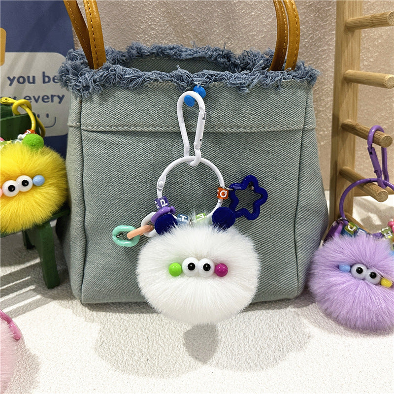 Plush Charm Keychain With Star Rings - White