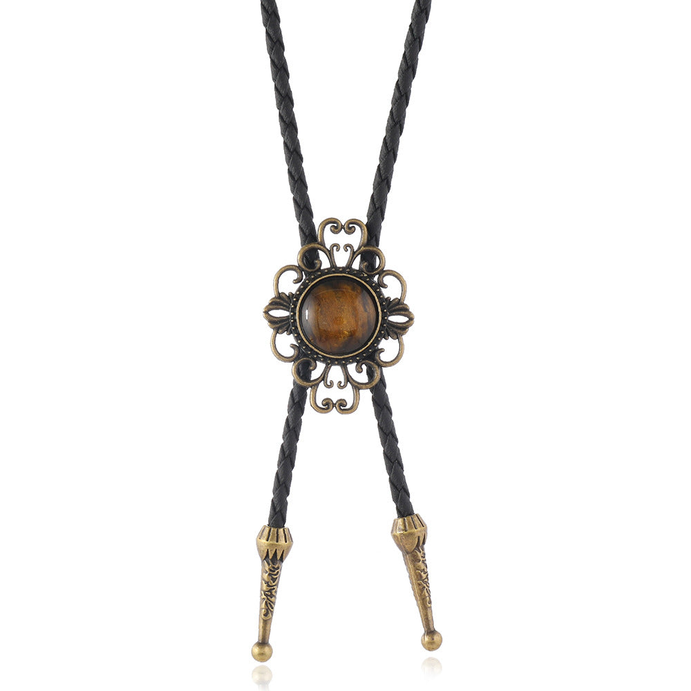 Western Bolo Tie Necklace with Filigree Stone Pendant - Bronze