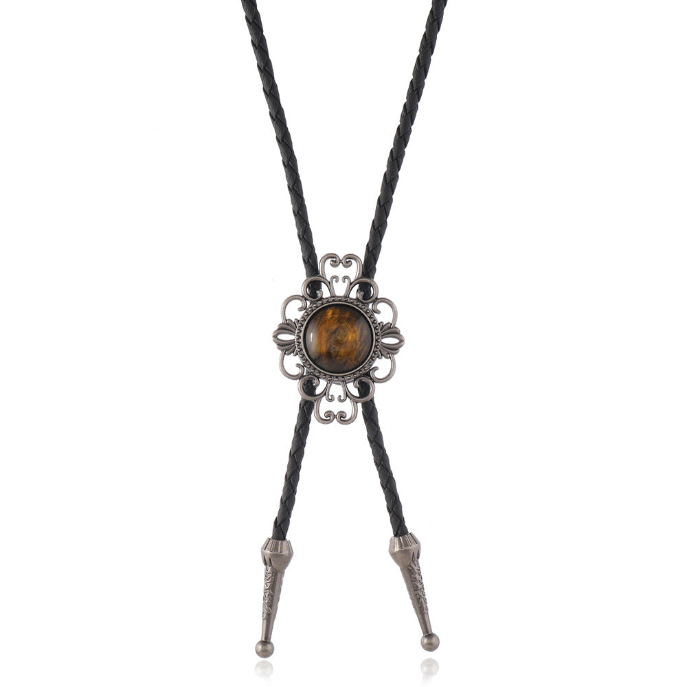 Western Bolo Tie Necklace with Filigree Stone Pendant - Silver