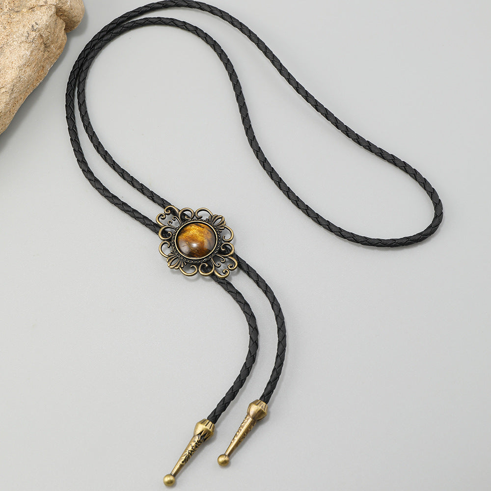 Western Bolo Tie Necklace with Filigree Stone Pendant