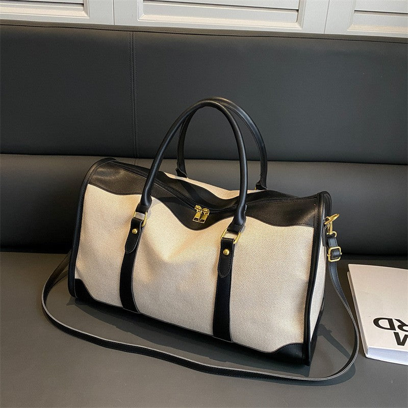 Canvas Weekender Duffel Bag with Leather-Look Trim - Cream Black