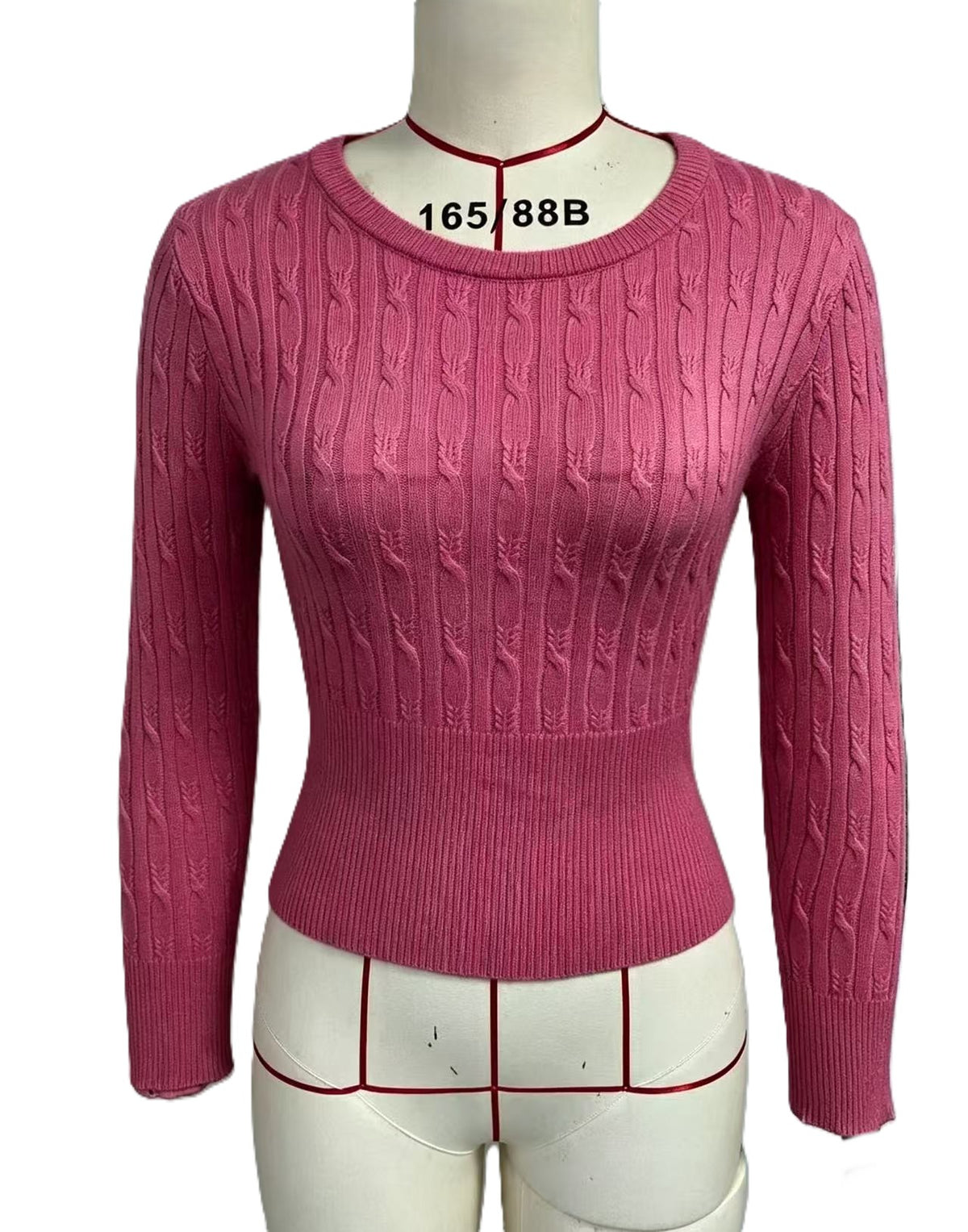 Fitted Cable Knit Pullover With Wide Ribbed Waistband - RoseRed - 1