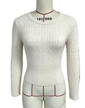 Fitted Cable Knit Pullover With Wide Ribbed Waistband - White