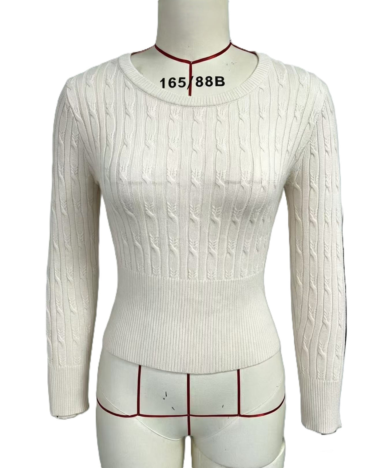 Fitted Cable Knit Pullover With Wide Ribbed Waistband - White