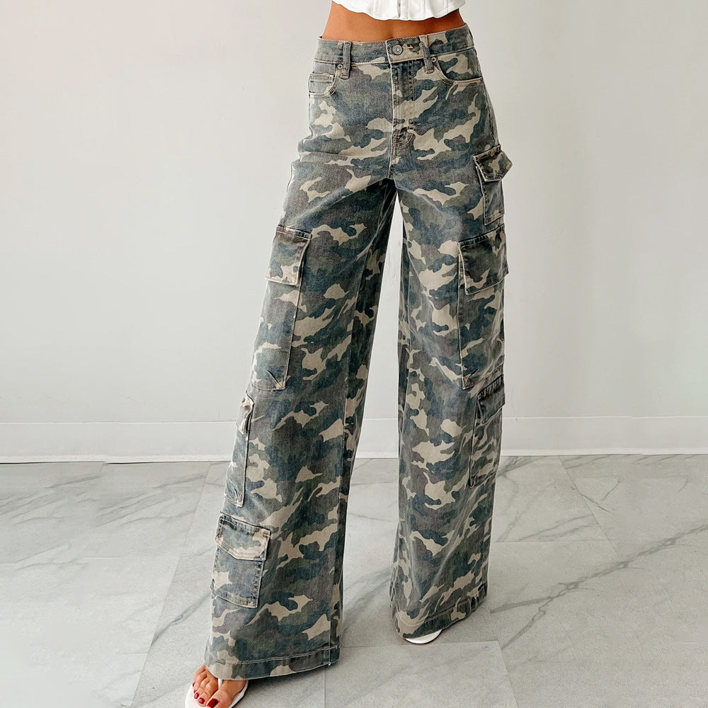 Camo Print Wide Leg Cargo Jeans - ArmyGreen