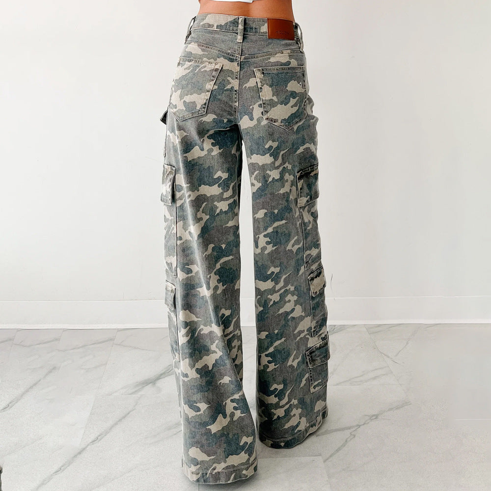 Camo Print Wide Leg Cargo Jeans - view 1
