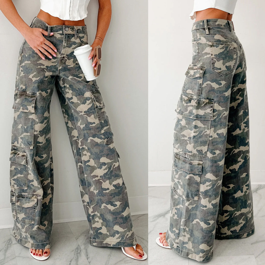 Camo Print Wide Leg Cargo Jeans - view 2