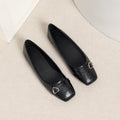 Metallic Square Toe Ballet Flats with Heart Buckle - Black