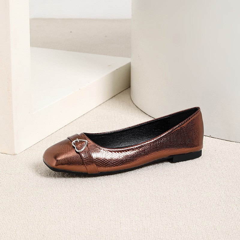 Metallic Square Toe Ballet Flats with Heart Buckle - Bronze