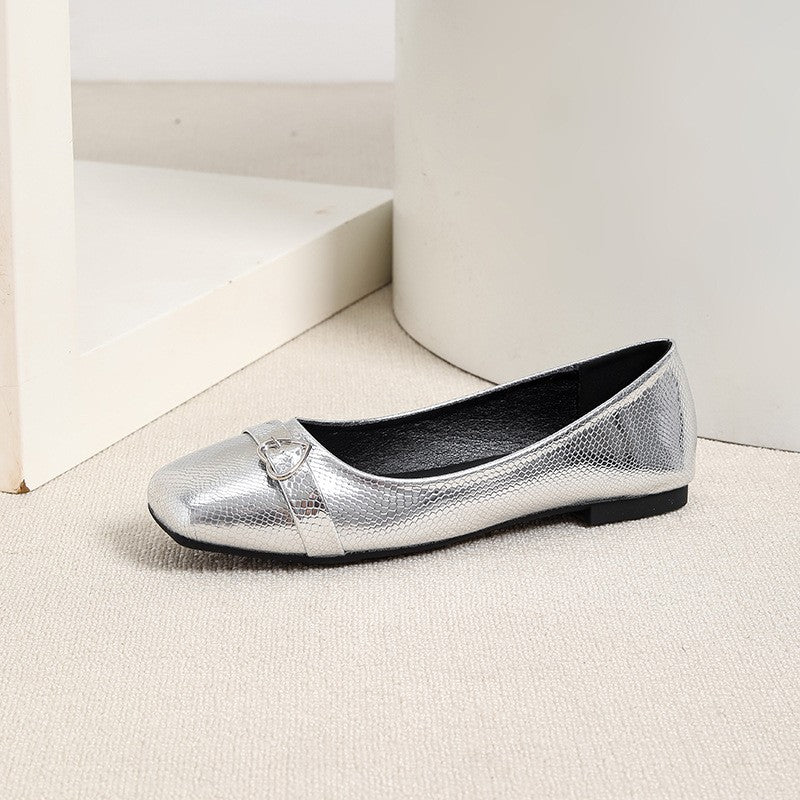 Metallic Square Toe Ballet Flats with Heart Buckle - Silver