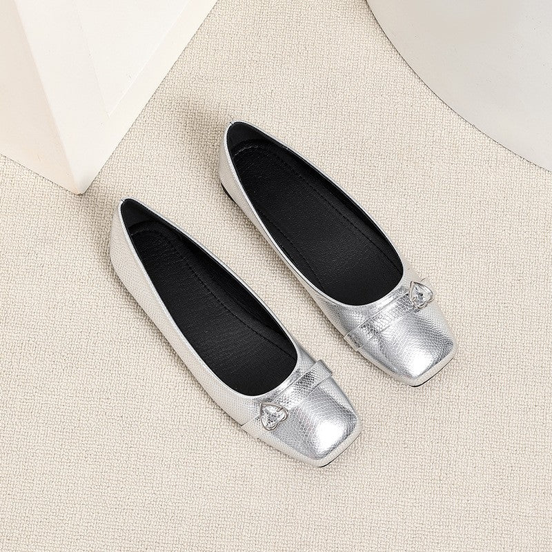 Metallic Square Toe Ballet Flats with Heart Buckle