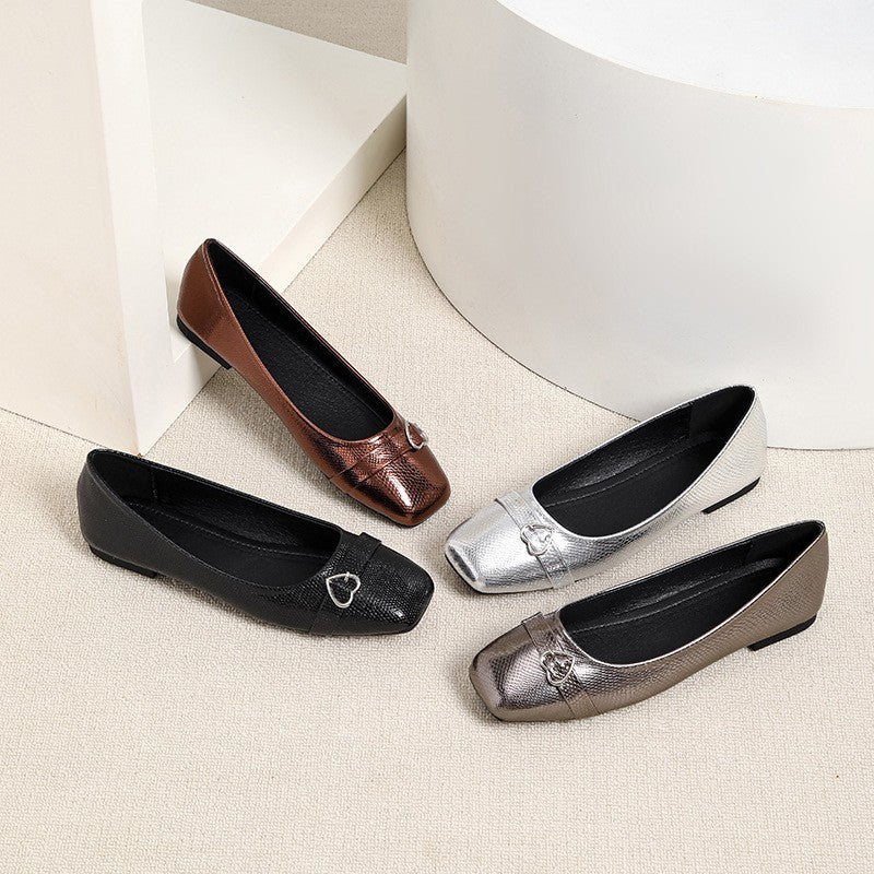 Metallic Square Toe Ballet Flats with Heart Buckle