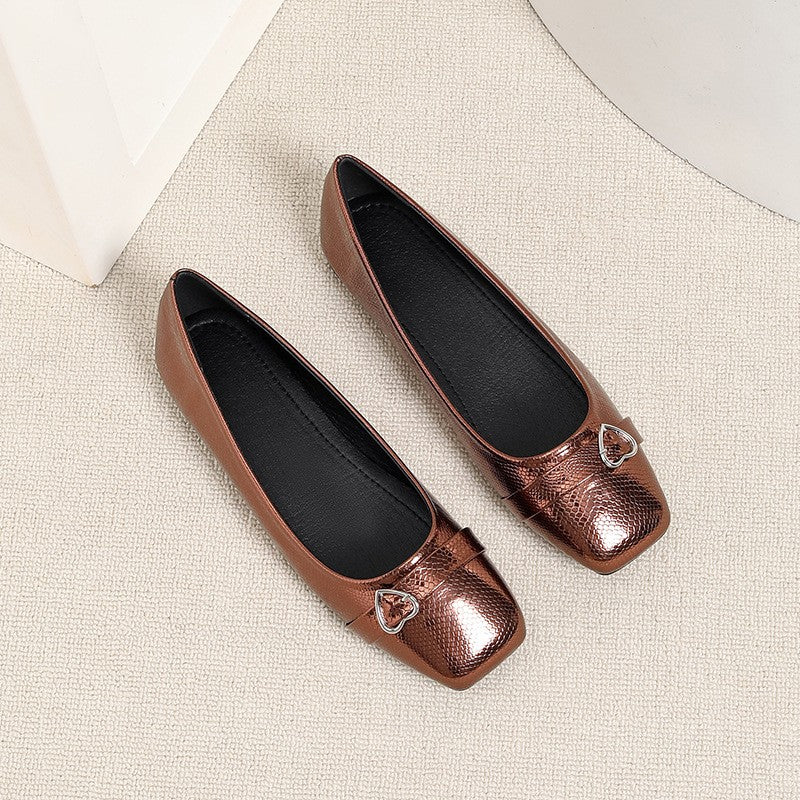Metallic Square Toe Ballet Flats with Heart Buckle