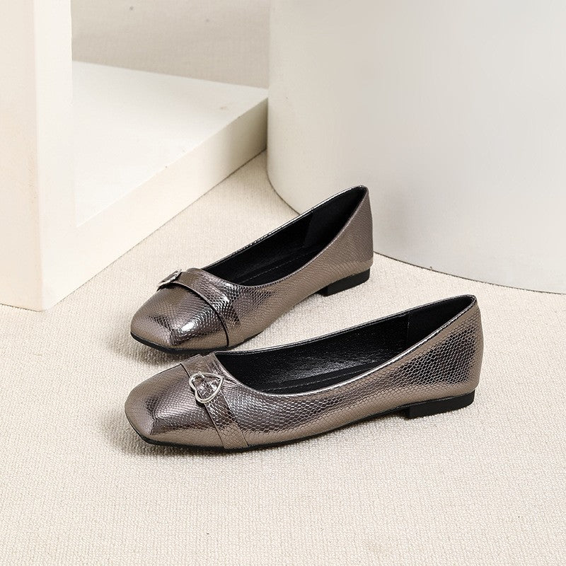 Metallic Square Toe Ballet Flats with Heart Buckle