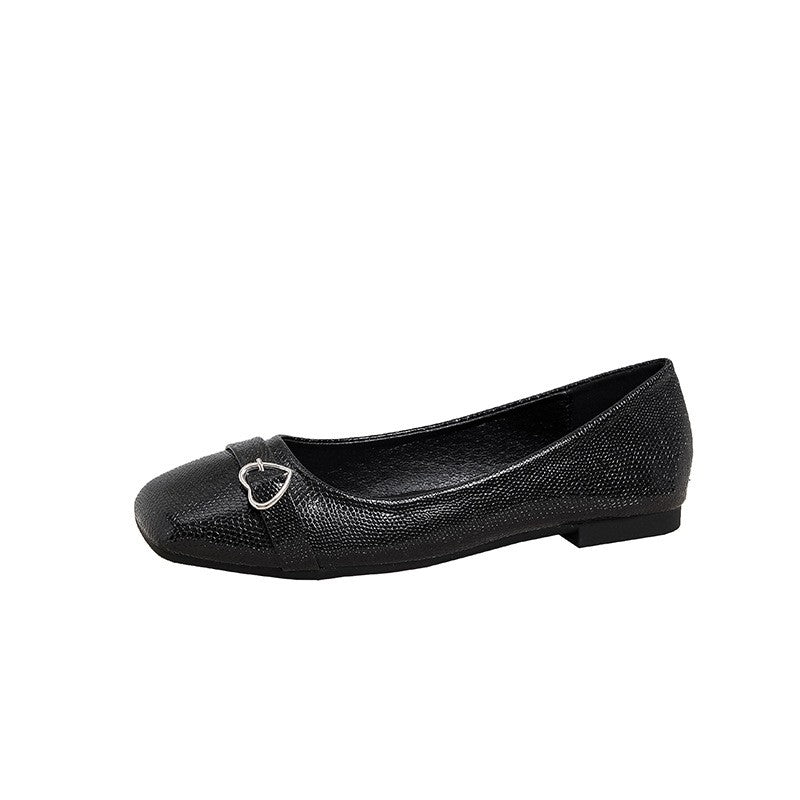 Metallic Square Toe Ballet Flats with Heart Buckle