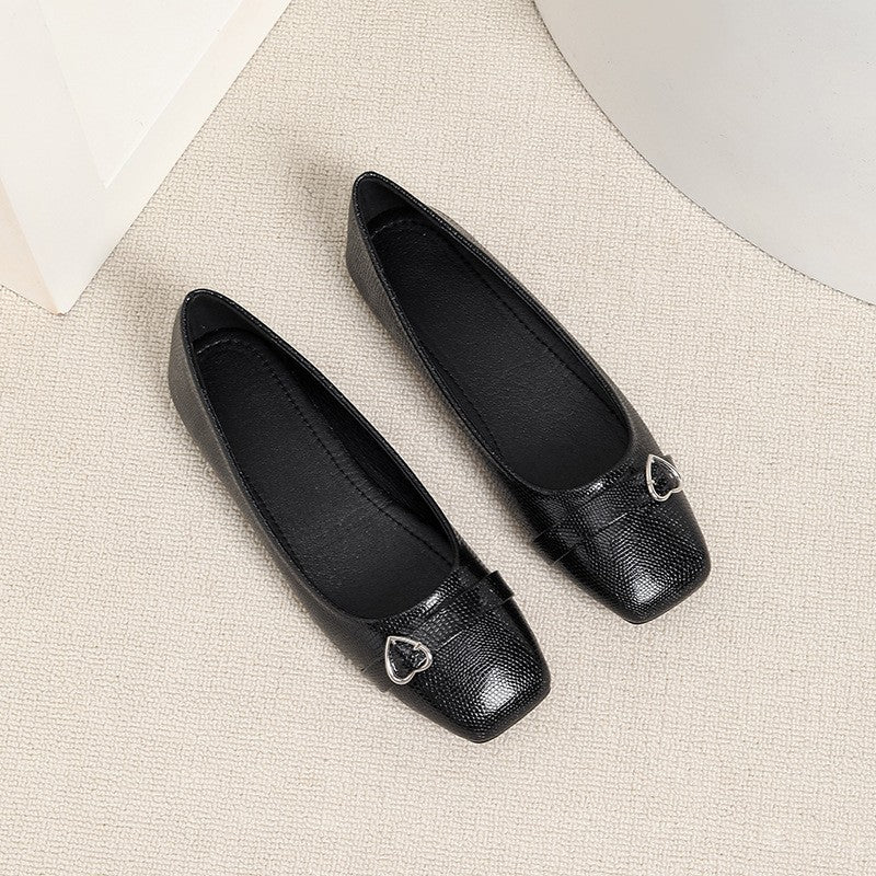 Metallic Square Toe Ballet Flats with Heart Buckle