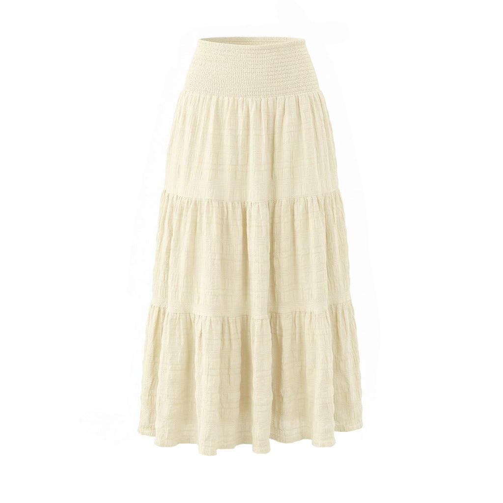 Smocked Waist Tiered Crinkle Maxi Skirt - Beige