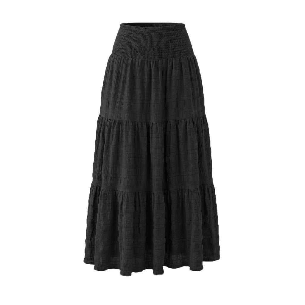 Smocked Waist Tiered Crinkle Maxi Skirt - Black