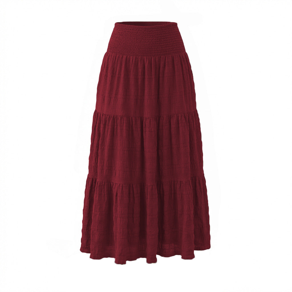 Smocked Waist Tiered Crinkle Maxi Skirt - Winered