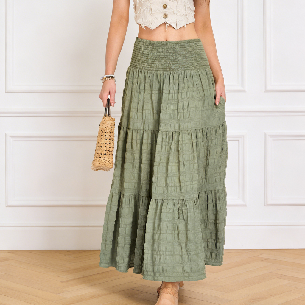 Smocked Waist Tiered Crinkle Maxi Skirt - view 1