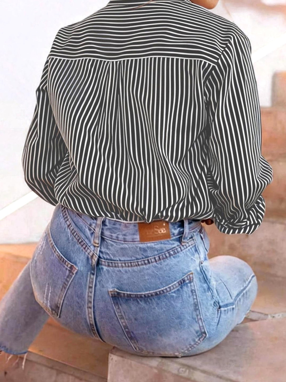 Striped Long Sleeve Collared Button Up Shirt - Black - 2