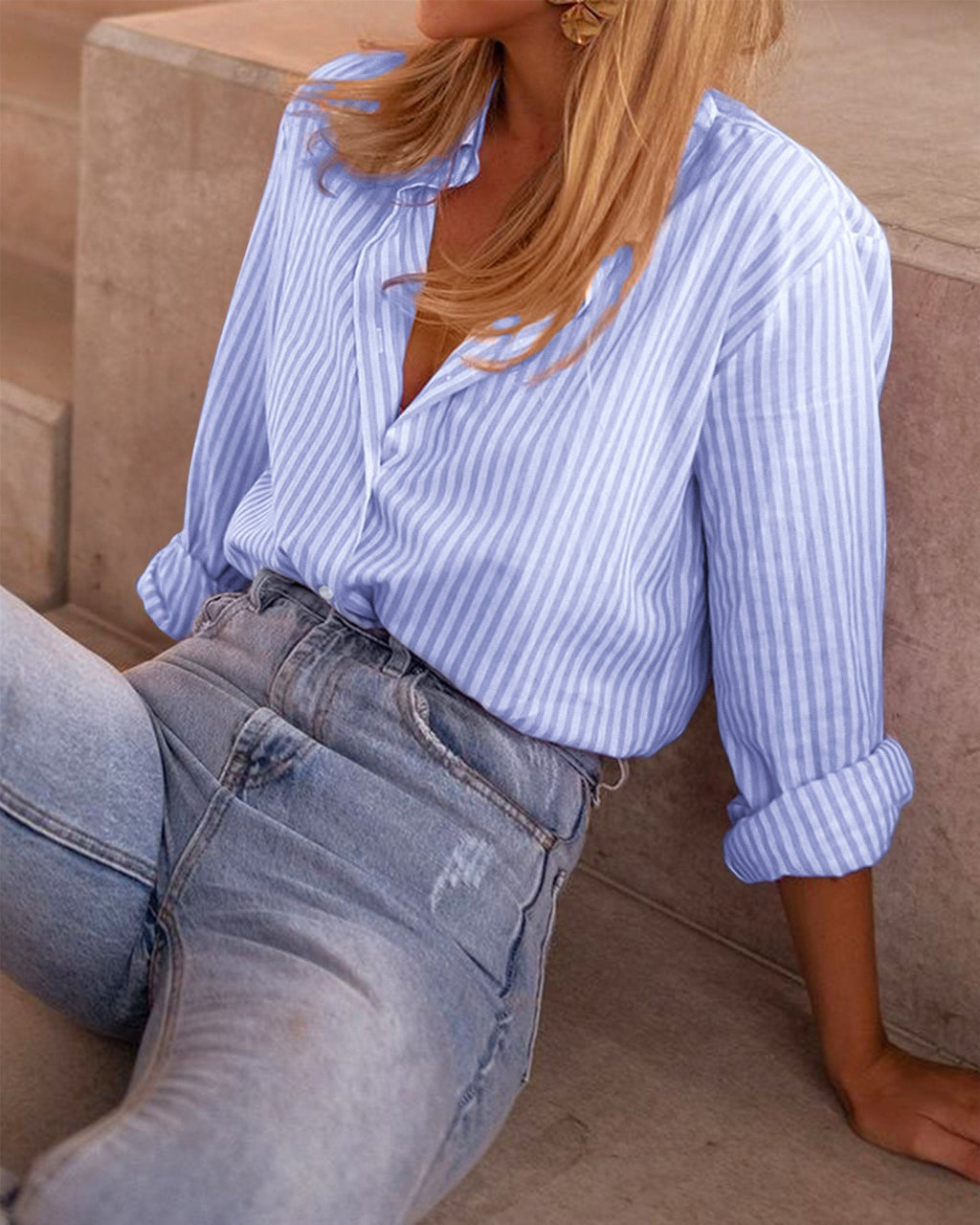 Striped Long Sleeve Collared Button Up Shirt - Blue