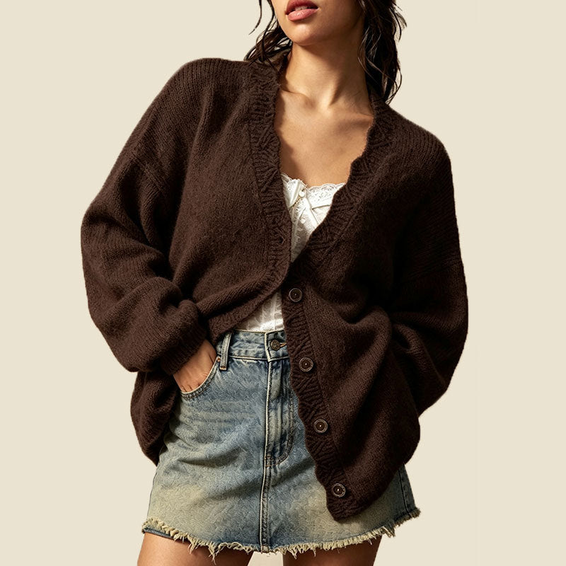 Oversized V Neck Pocket Knit Cardigan - Brown