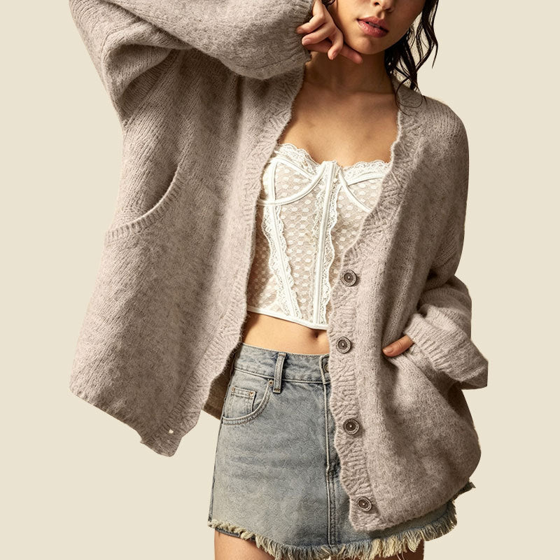 Oversized V Neck Pocket Knit Cardigan - Camel