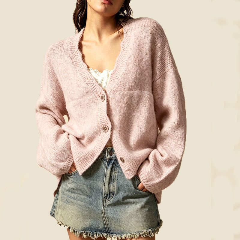 Oversized V Neck Pocket Knit Cardigan - Pink