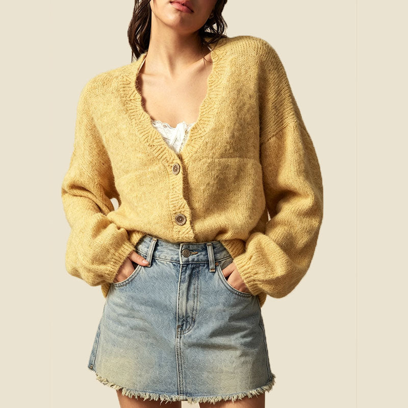 Oversized V Neck Pocket Knit Cardigan - Yellow - 1