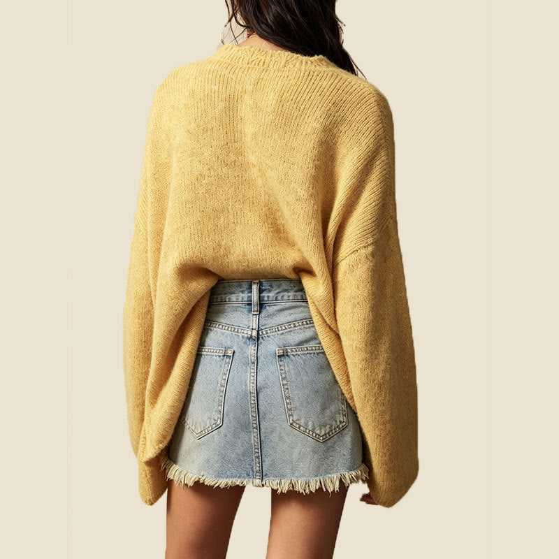 Oversized V Neck Pocket Knit Cardigan - Yellow - 2