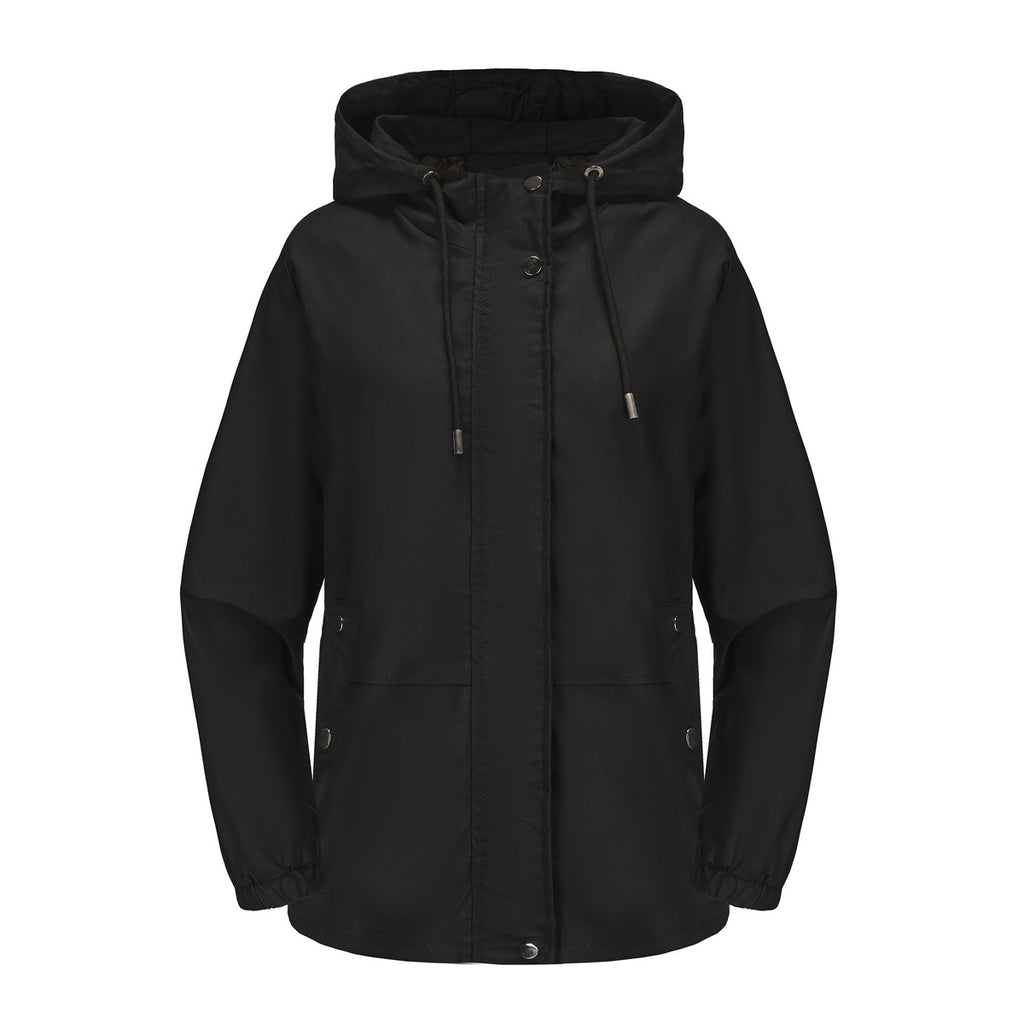 Ruched Side Hooded Utility Windbreaker Jacket - Black