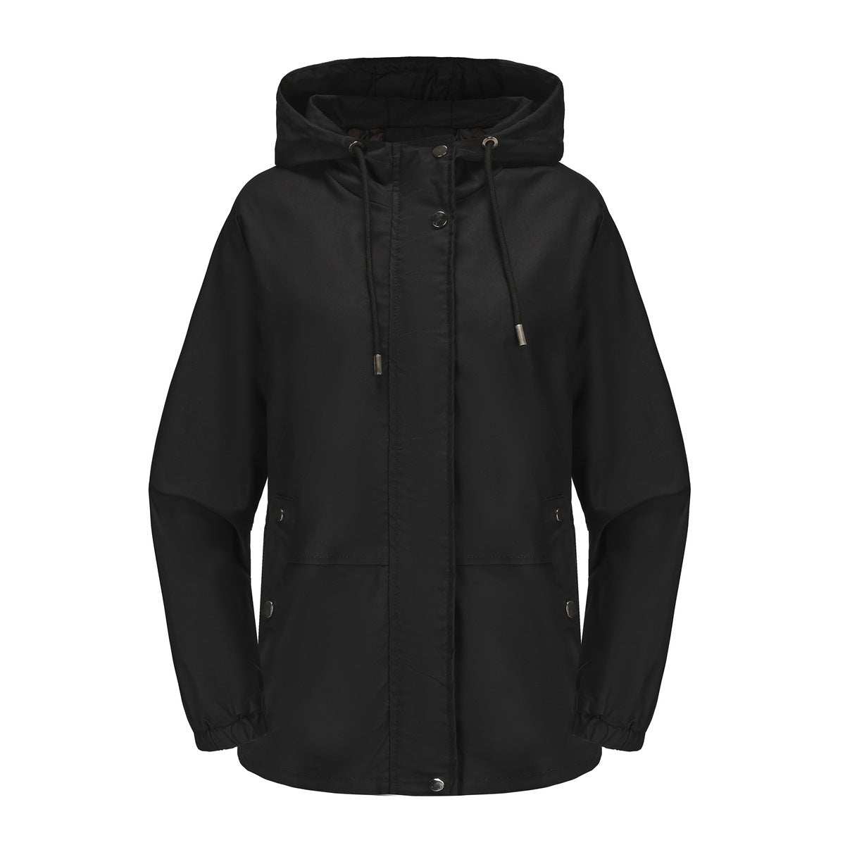 Ruched Side Hooded Utility Windbreaker Jacket - Black