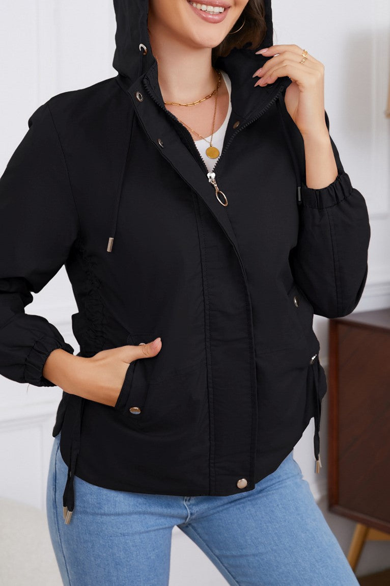 Ruched Side Hooded Utility Windbreaker Jacket - Black - 2
