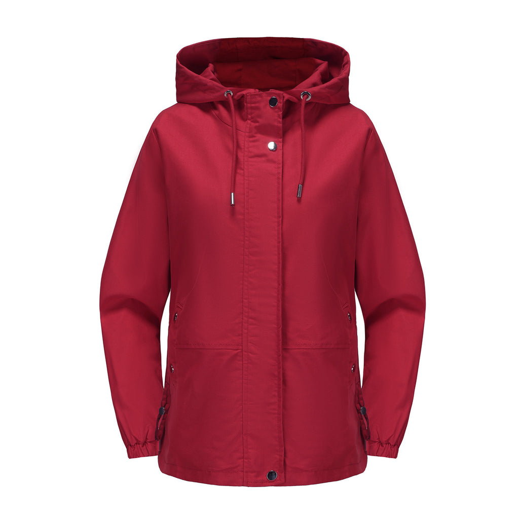 Ruched Side Hooded Utility Windbreaker Jacket - Burgundy