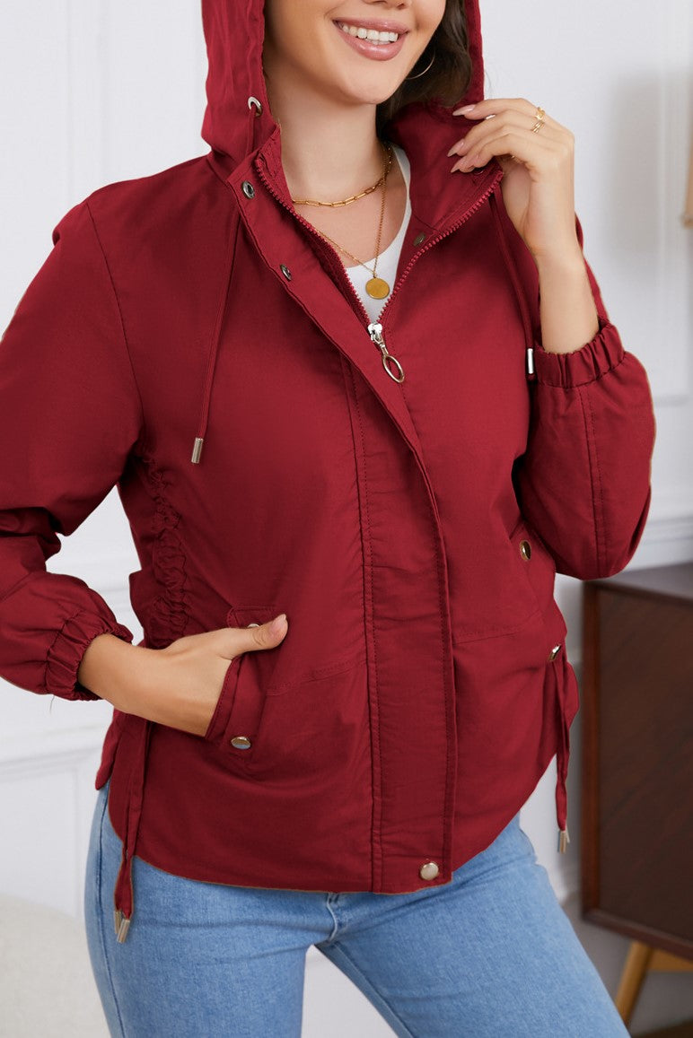 Ruched Side Hooded Utility Windbreaker Jacket - Burgundy - 1