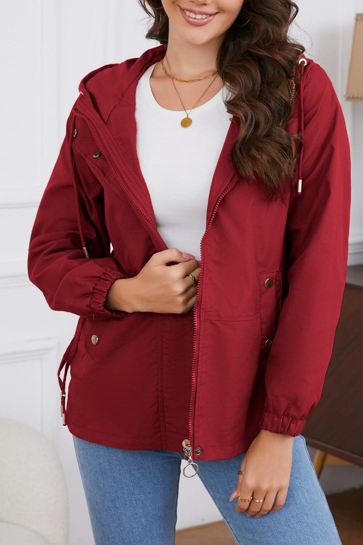 Ruched Side Hooded Utility Windbreaker Jacket - Burgundy - 2