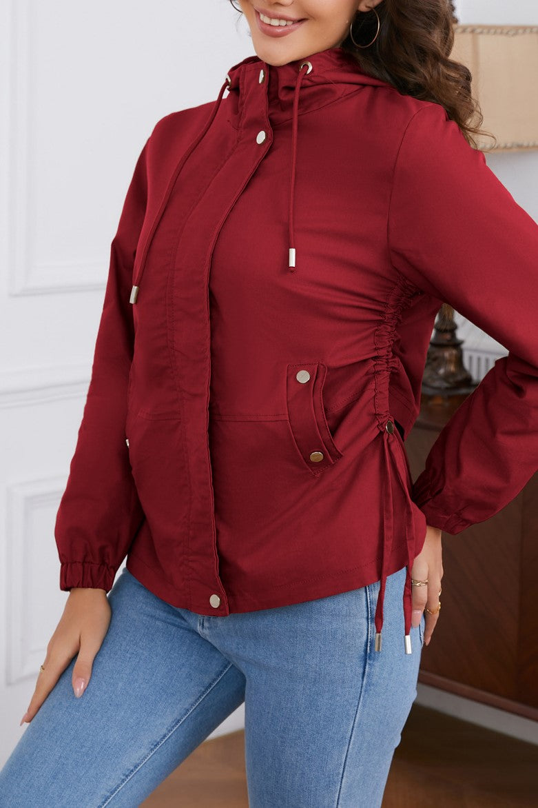 Ruched Side Hooded Utility Windbreaker Jacket - Burgundy - 3
