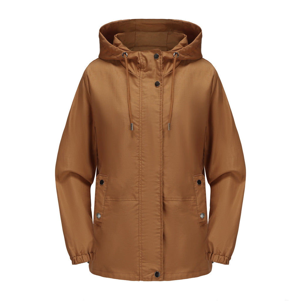 Ruched Side Hooded Utility Windbreaker Jacket - Camel