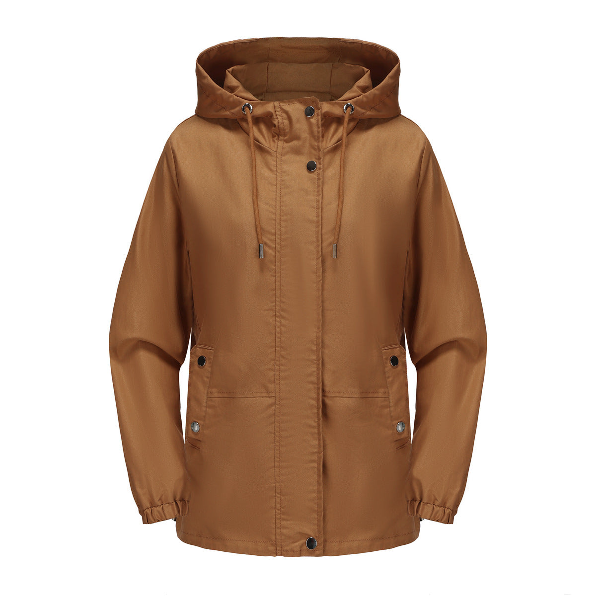 Ruched Side Hooded Utility Windbreaker Jacket - Camel