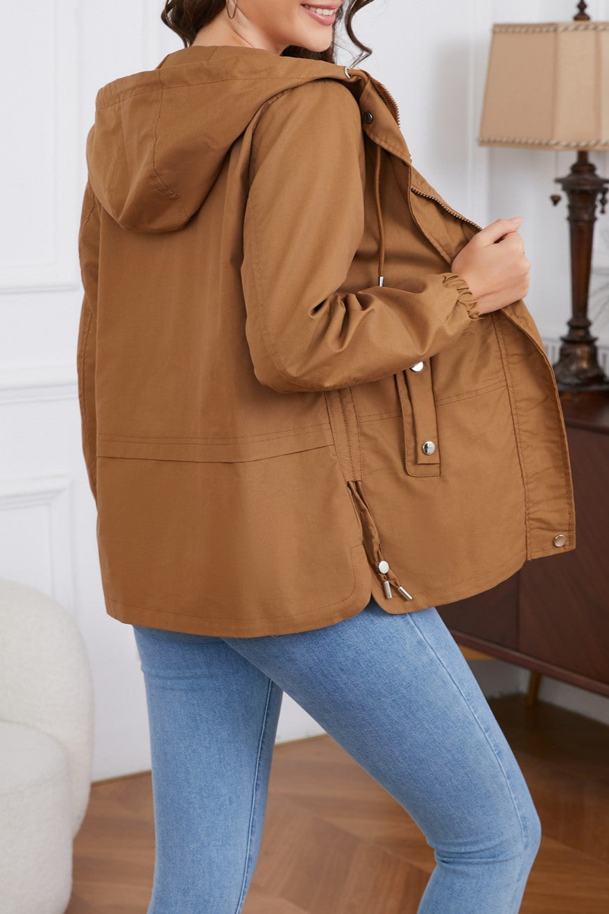 Ruched Side Hooded Utility Windbreaker Jacket - Camel - 1