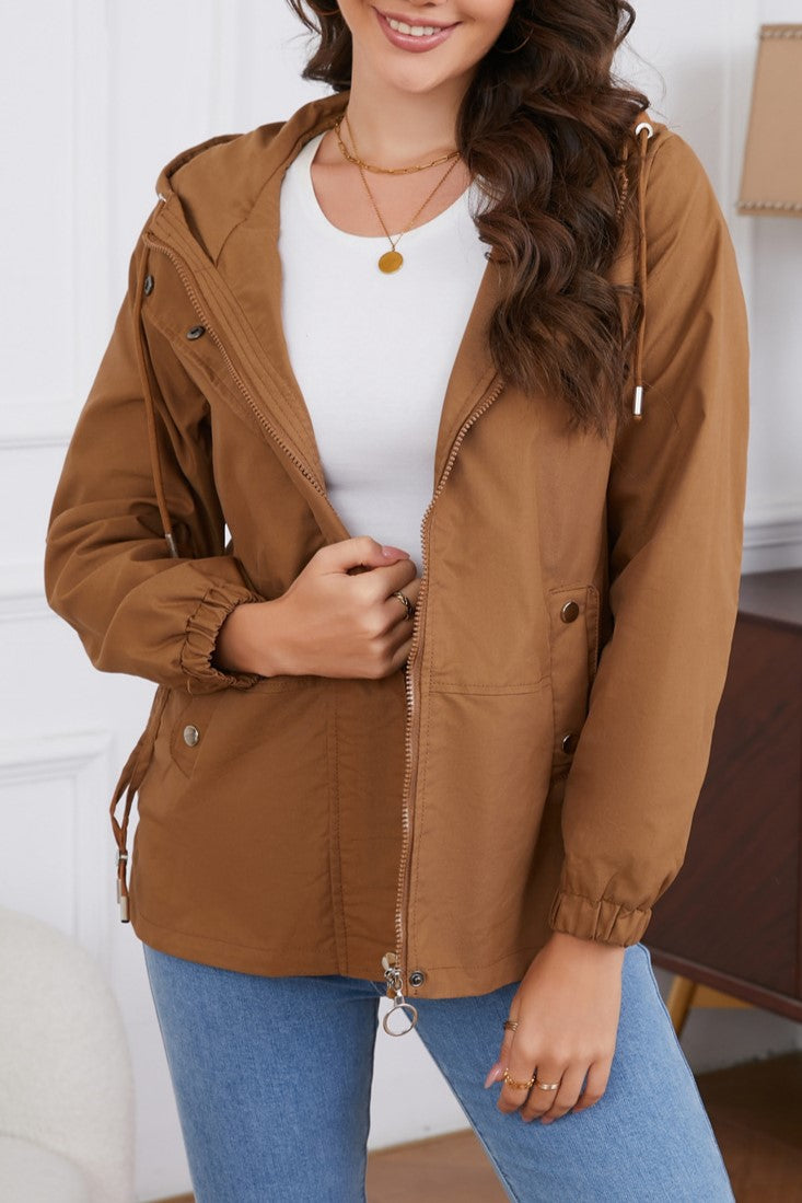 Ruched Side Hooded Utility Windbreaker Jacket - Camel - 3