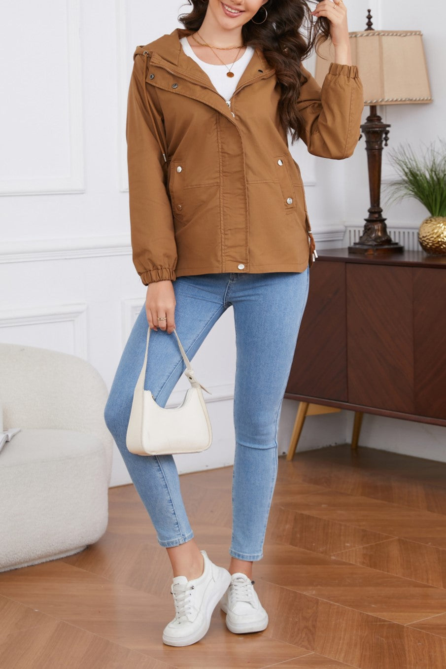 Ruched Side Hooded Utility Windbreaker Jacket - Camel - 4