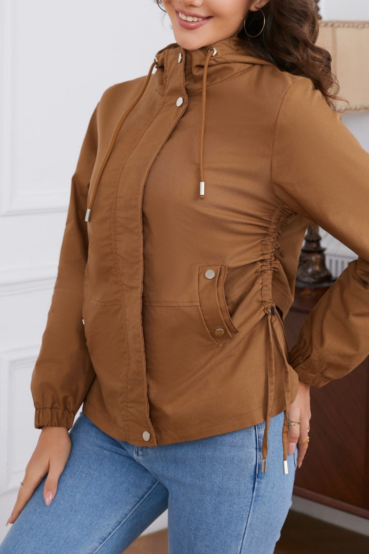 Ruched Side Hooded Utility Windbreaker Jacket - Camel - 5
