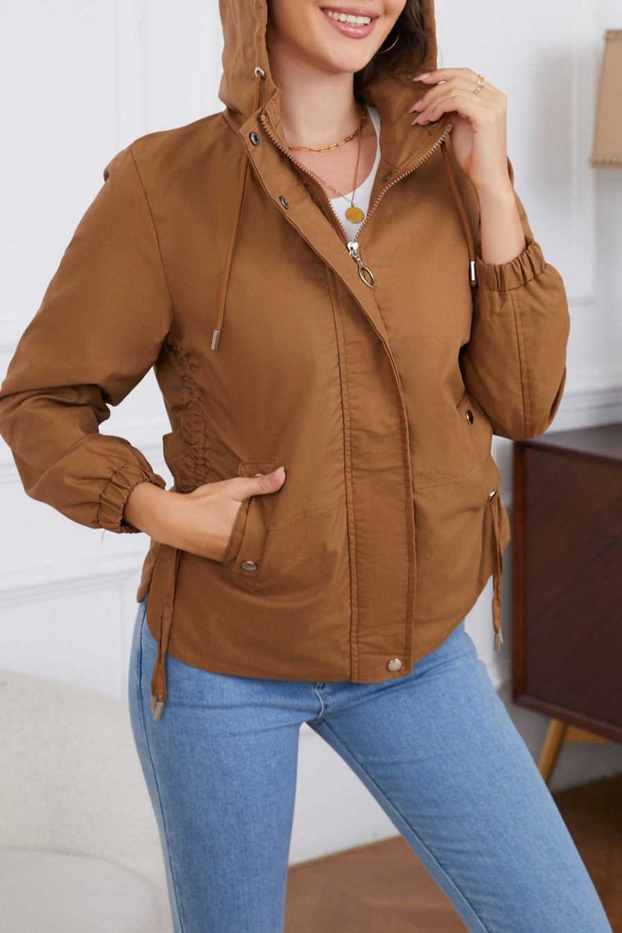 Ruched Side Hooded Utility Windbreaker Jacket - Camel - 6