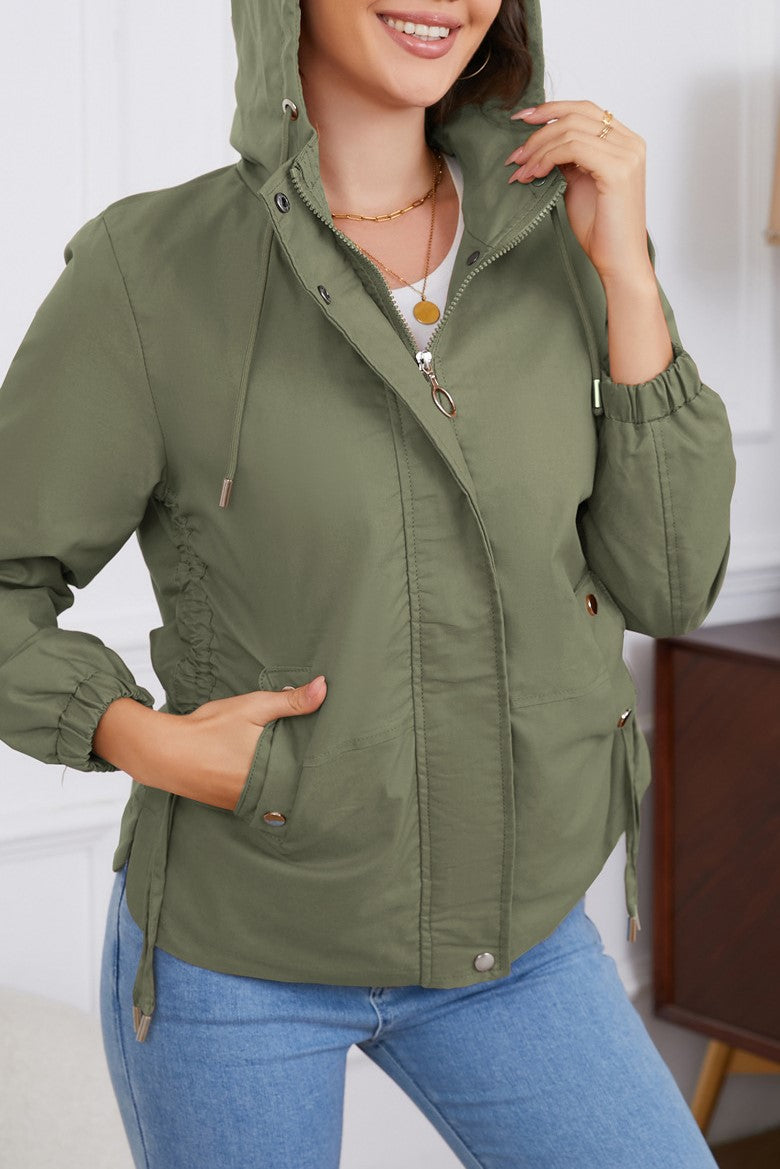 Ruched Side Hooded Utility Windbreaker Jacket - Sage